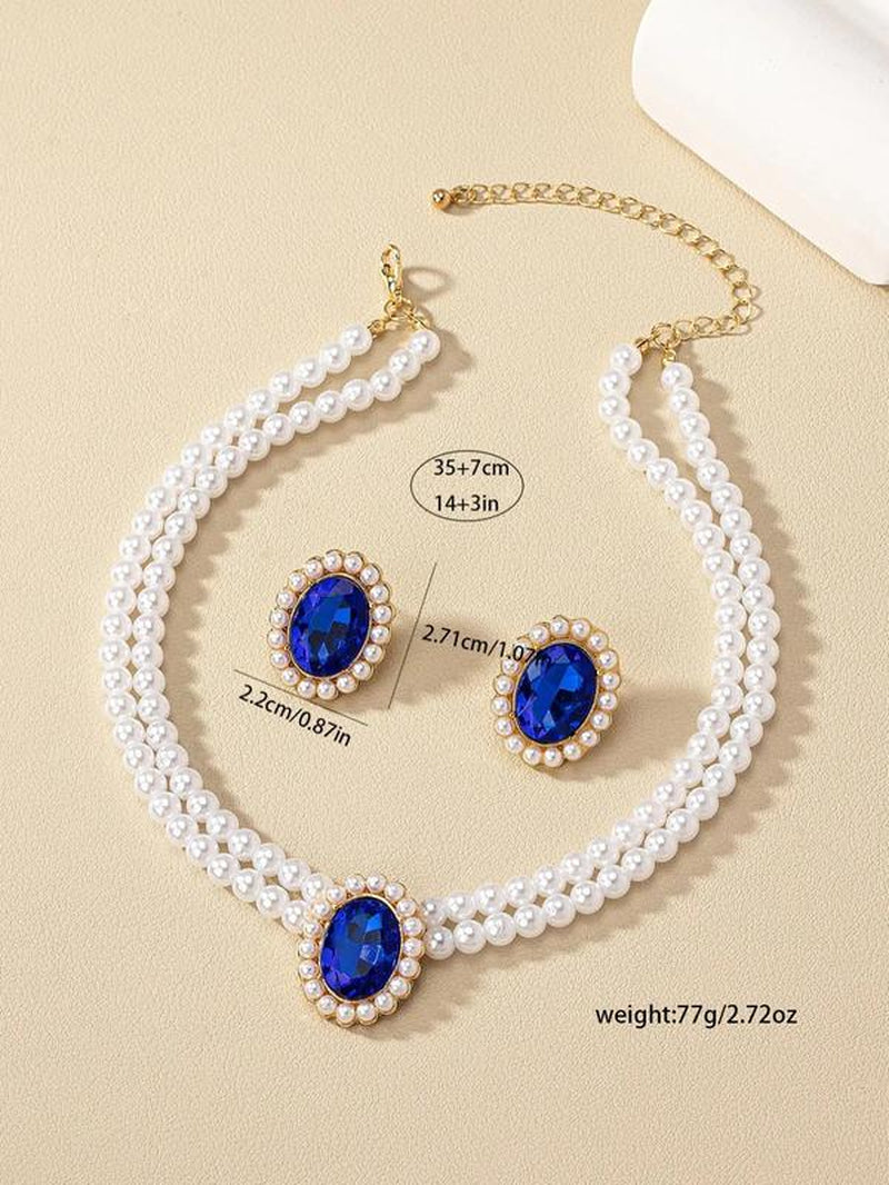 Women'S Elegant Fashion Artificial Crystal & Faux Pearl Decor Jewelry Set, 3 Counts/Set Earrings & Necklace, Luxury Women Wedding Bridal Jewellery Set