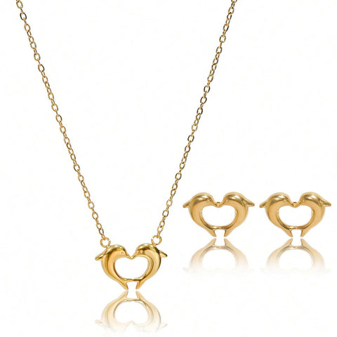 Lxalry 18K Gold Plated Heart Dolphins Mirror Jewelry Set  Hypoallergenic Skin Safe Necklace   Stud Earrings For Couple S Gift Daily Wear  Never Fade Adjustable Luxury With Precision Cast Symmetry