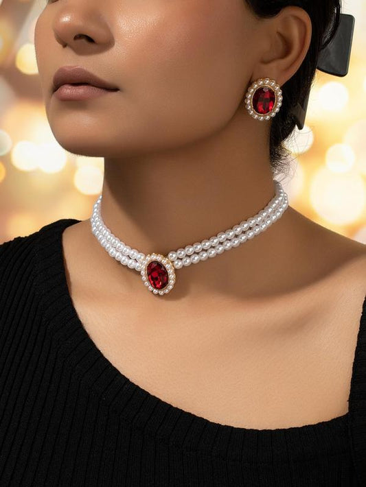 Women'S Elegant Fashion Artificial Crystal & Faux Pearl Decor Jewelry Set, 3 Counts/Set Earrings & Necklace, Luxury Women Wedding Bridal Jewellery Set