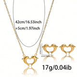 Lxalry 18K Gold Plated Heart Dolphins Mirror Jewelry Set  Hypoallergenic Skin Safe Necklace   Stud Earrings For Couple S Gift Daily Wear  Never Fade Adjustable Luxury With Precision Cast Symmetry