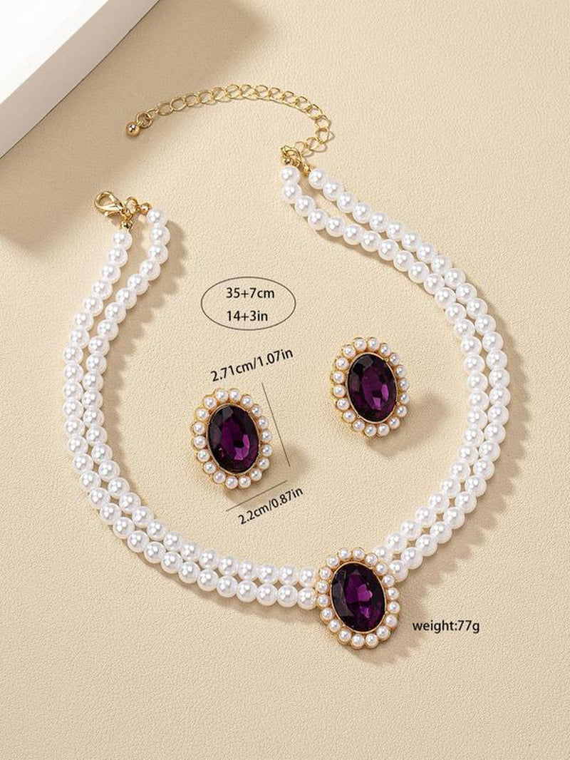Women'S Elegant Fashion Artificial Crystal & Faux Pearl Decor Jewelry Set, 3 Counts/Set Earrings & Necklace, Luxury Women Wedding Bridal Jewellery Set