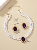 Women'S Elegant Fashion Artificial Crystal & Faux Pearl Decor Jewelry Set, 3 Counts/Set Earrings & Necklace, Luxury Women Wedding Bridal Jewellery Set