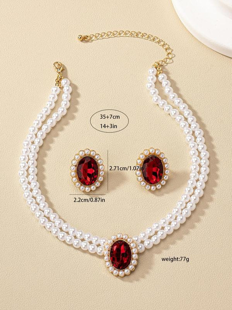 Women'S Elegant Fashion Artificial Crystal & Faux Pearl Decor Jewelry Set, 3 Counts/Set Earrings & Necklace, Luxury Women Wedding Bridal Jewellery Set
