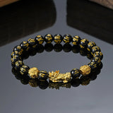 Fengshui Wealth and Luck Bracelet, Feng Shui Black Obsidian Pixiu Wealth Bracelet Prosperity Buddha Beads Elastic Bracelet