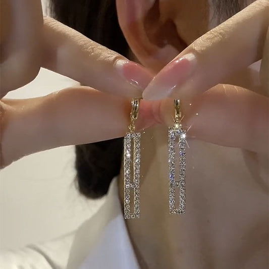 Female Geometry Rectangle Full Diamond Earrings