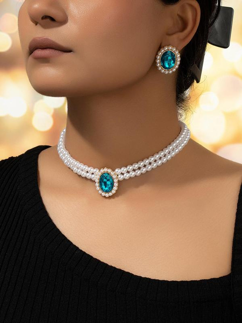 Women'S Elegant Fashion Artificial Crystal & Faux Pearl Decor Jewelry Set, 3 Counts/Set Earrings & Necklace, Luxury Women Wedding Bridal Jewellery Set