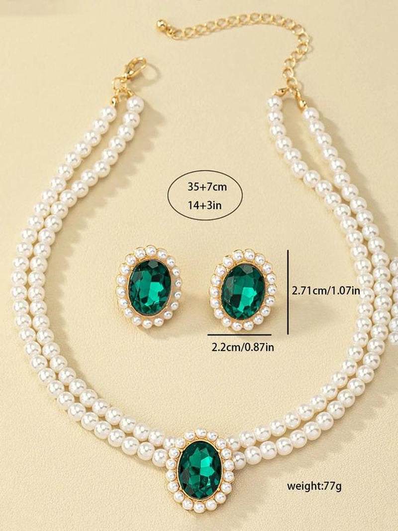 Women'S Elegant Fashion Artificial Crystal & Faux Pearl Decor Jewelry Set, 3 Counts/Set Earrings & Necklace, Luxury Women Wedding Bridal Jewellery Set