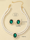Women'S Elegant Fashion Artificial Crystal & Faux Pearl Decor Jewelry Set, 3 Counts/Set Earrings & Necklace, Luxury Women Wedding Bridal Jewellery Set